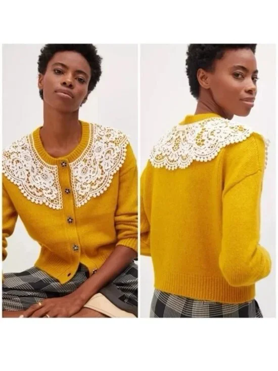 Maeve By Anthropologie Mustard Cardigan With Lace Collar Floral Buttons Size M - Picture 1 of 14